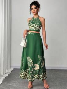 SHEIN Unity 两件套女士碎花露脐吊带上衣和半身裙套装，度假风 - 綠色 - 查看 1