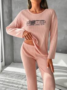 RueChic Slogan Graphic Drop Shoulder Lounge Set - Coral Pink - View 4