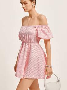 Aveloria Rosie Elegante y refinado vestido corto para mujer con hombros descubiertos, tela jacquard con textura a cuadros, mangas abullonadas, escote fruncido, cintura ceñida, falda de línea A y cinturón con lazo