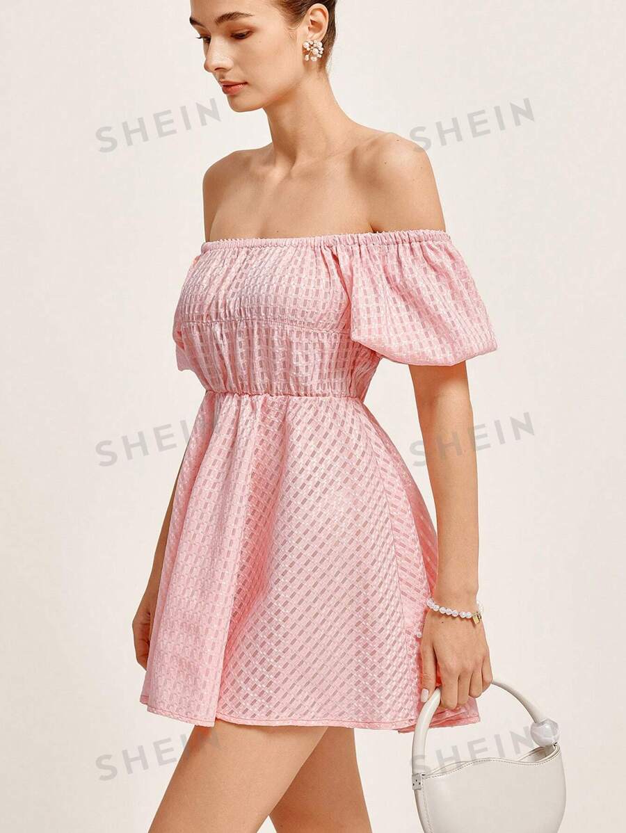 Aveloria Rosie Elegante y refinado vestido corto para mujer con hombros descubiertos, tela jacquard con textura a cuadros, mangas abullonadas, escote fruncido, cintura ceñida, falda de línea A y cinturón con lazo