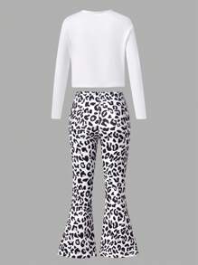 Tween Girls Sets White And Gray Color Scheme, Gray And Black Heart Leopard Print Short Sleeves Paired With Black And Gray Leopard Print Bell Bottoms - Grey - View 2