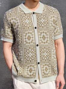 Manfinity CasualKnits Men's Geometric Pattern Knit Leisure Top Men Knit Shirt Summer Shirt For Men - Apricot - View 3