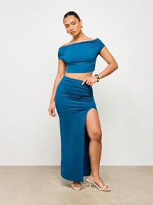 AiiRZ Two Piece Turquoise Co-Ord Set Ruched Crop Top Off Shoulder Short Sleeve High Slit Maxi Skirt Evening Party Club Occasion Set - Blue - View 1