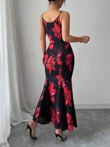 Chiquease Women's Floral Print Plunging Neckline Ruffle Hem Elegant Camisole Dress