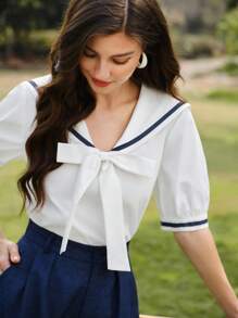 Vintamour Vintage Elegant Women's Blouse Navy Style Contrast Color Bowknot Casual Holiday Tops Spring/Summer Summer Tops Summer For Women Spring For Women Easter White Top Summer Vacation Women Tank Tops Crop Tops Shirts For Women Cute Tops Spring Tops Blouse White Shirt Shirts Women Going Out Tops Women Easter Women Summer Shirts Birthday For Women Summer Tops Women Concert Women Top