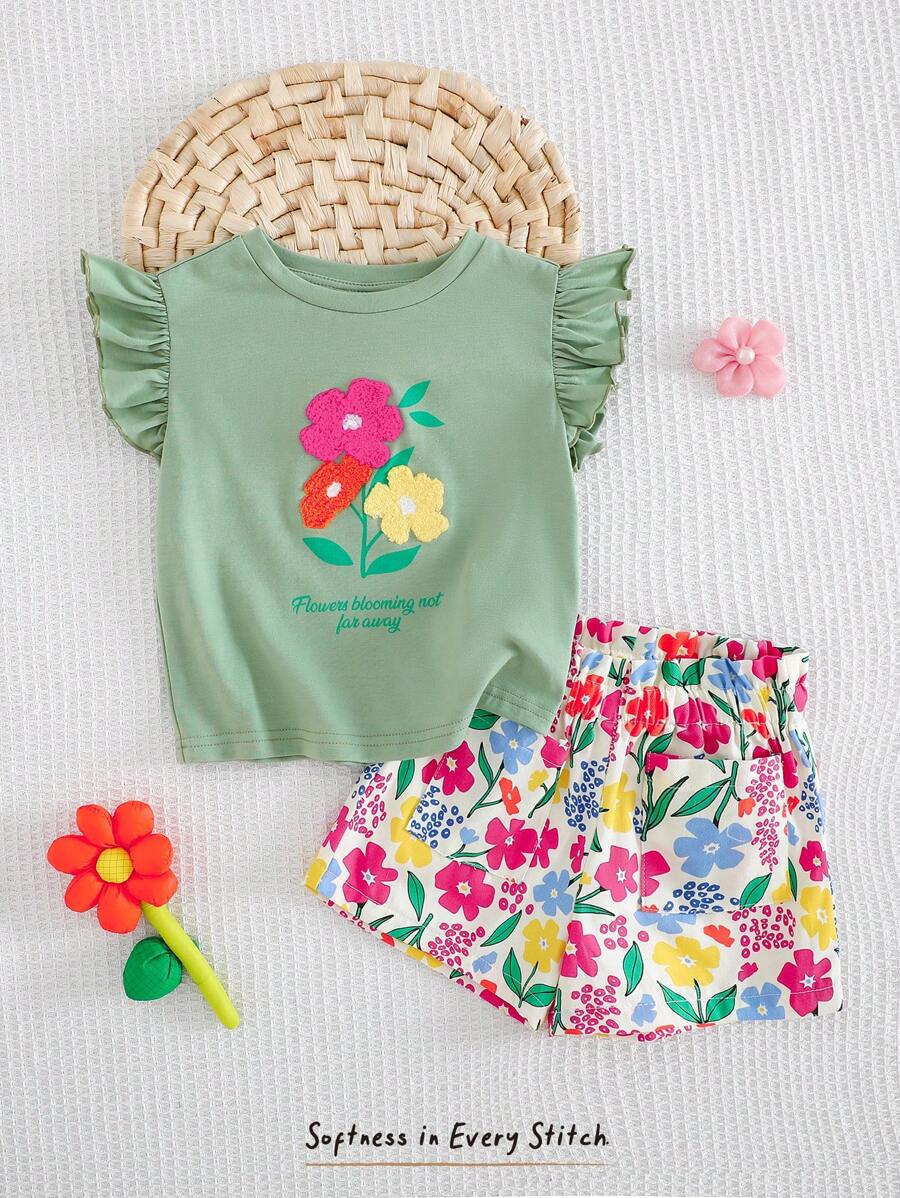 Cozy Pixies 2pcs Baby Girl Plant & Floral Knitted Soft Round Neck Short Sleeve Pullover Top And Elastic Waist Shorts Set For Spring - Multicolor - View 1