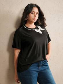 Anewsta 大码女式圆领T恤，带仿珍珠蝴蝶装饰，夏季，休闲，节日，早午餐，假日，优雅
