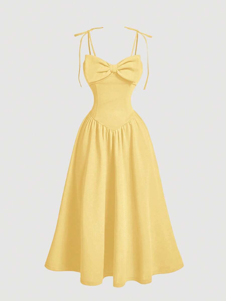 SHEIN MOD Vestido de cóctel de fiesta vintage amarillo con decoración de lazo para mujer - Amarillo - Ver 1