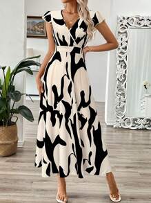 Breezaya Women's Summer V-Neck Long Leaf Floral Dress, Waist Cinched A-Line Dress - Multicolor - View 3