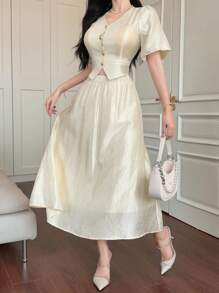 DAZY Set de 2 piezas para mujer: Blusa de manga abullonada con textura de unicolor y falda