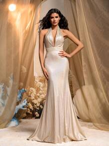 Glamrae Elegant Champagne Shimmery Coated Halter Plunge Neckline Exposed Back Asymmetric Waistline Mermaid Tail Hem Formal Evening Gown, Party Dress, Wedding Guest Dress, Evening Dress - Champagne - View 3