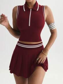 Easithlete 女士撞色边饰背心和褶皱迷你裙瑜伽运动套装