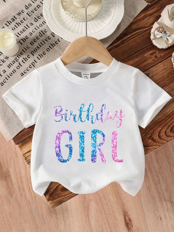 Birthday Girl Letter Print Creative T-Shirt, Comfortable Round Neck Short Sleeve Tee For Girls, Suitable For Daily Wear In Summer