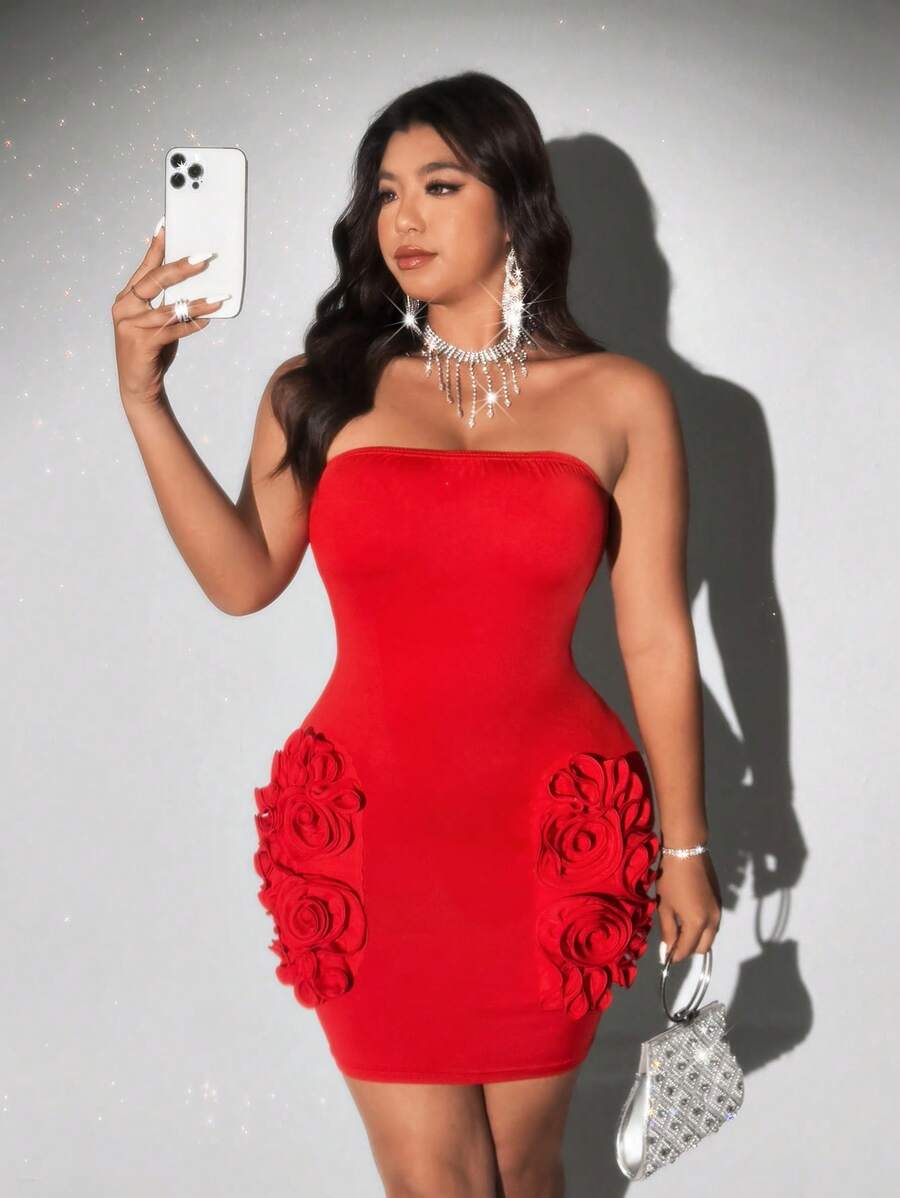 Viva Relle Plus Size Strapless Tube Sexy Red Dress, Suitable For Wedding,Valentine's Day Wedding Guest Dress Women - Red - View 1