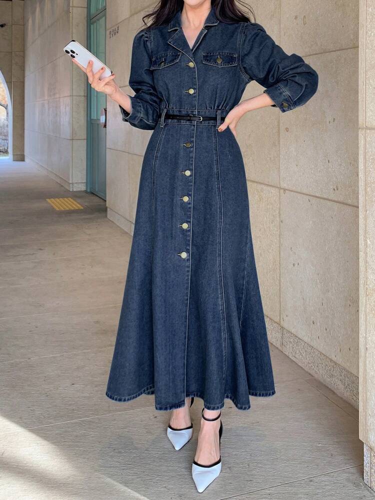 Women's Solid Color Denim Dress, Simple & Fashionable, Suitable For Summer Dress