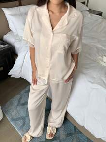 DAZY 2 Pieces Solid Color Lace Loose Short Sleeve Top & Pants Sleepwear Pajama Set, Women - White - View 3