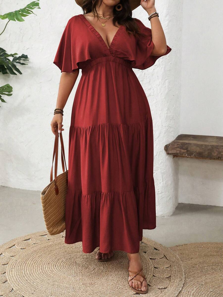 Flirla Plus Size Women's Casual Vacation Crossover V-Neck Loose Ruffle Sleeve High-Low Hem A-Line Long Sleeve Dress, Spring/Summer - Burgundy - View 1