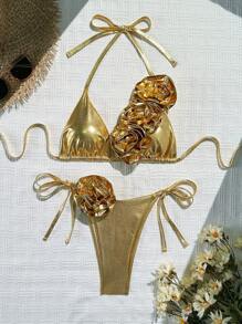 Swim SXY 女士海滩夏季服装，纯色时尚金属质感面料吊带领，3D 花卉高端款式侧系带泳裤 2 件比基尼套装 - 金色 - 查看 2