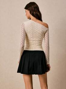 Poéselle Women's Elegant Solid Color Lace Asymmetric Neckline T-Shirt