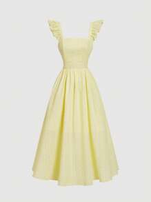 SHEIN MOD Vestido largo de verano amarillo con recortes, mangas con volantes, lazo en la espalda, vestido para graduación, fiesta, vestido de mujer estilo campesino, vestido con lazo, vestido bohemio, vestido largo, vestido de playa, vestido amarillo, vestido bordado, vestido para concierto country, vestido para brunch, vestido largo amarillo, vestido para brunch - Amarillo - Ver 1
