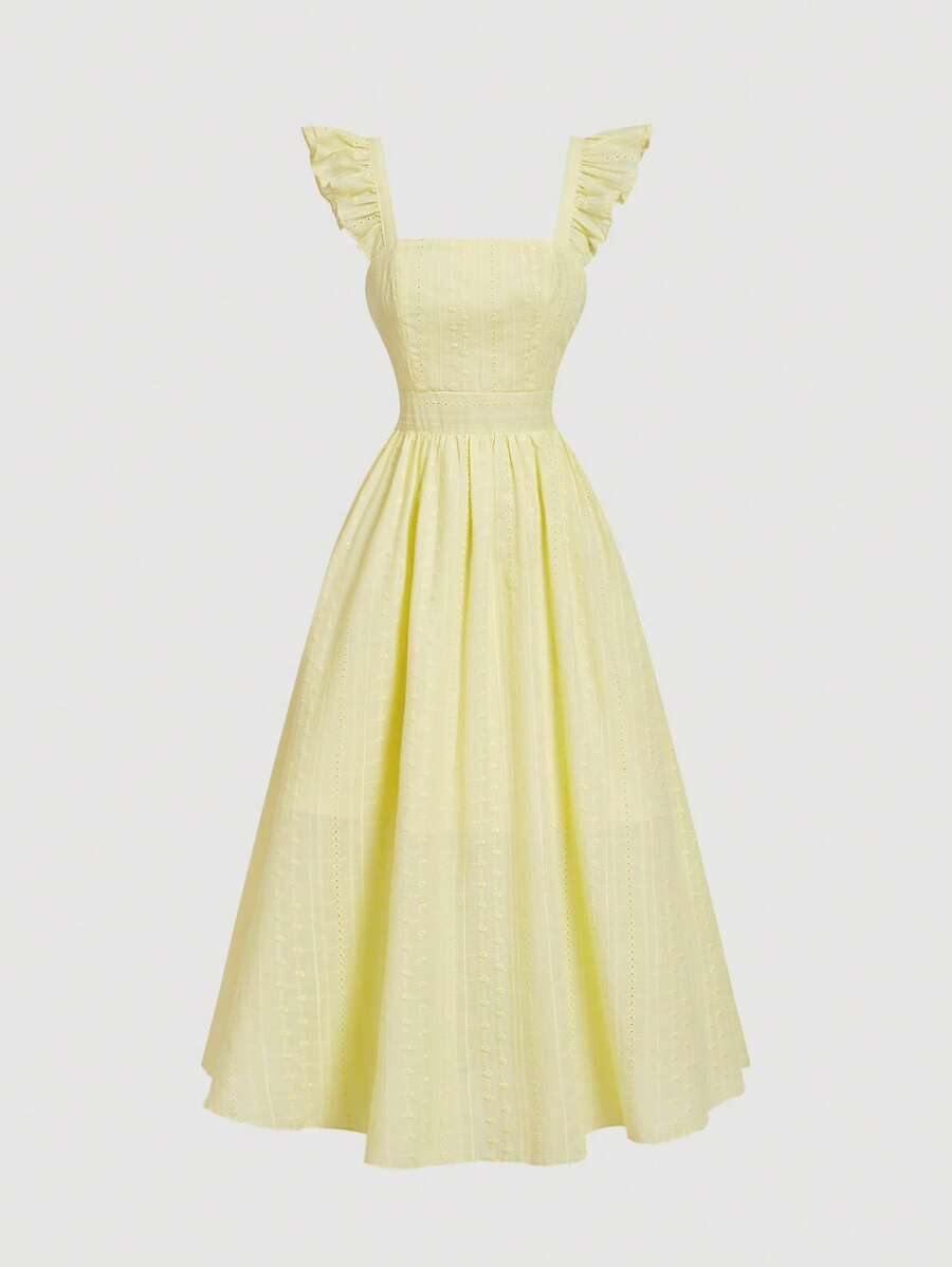 SHEIN MOD Vestido largo de verano amarillo con recortes, mangas con volantes, lazo en la espalda, vestido para graduación, fiesta, vestido de mujer estilo campesino, vestido con lazo, vestido bohemio, vestido largo, vestido de playa, vestido amarillo, vestido bordado, vestido para concierto country, vestido para brunch, vestido largo amarillo, vestido para brunch - Amarillo - Ver 1
