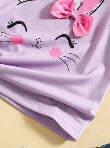 SHEIN Young Girl's Summer Casual Rabbit Print Bow Decor T-Shirt - Multicolor - View 5