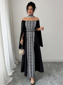 Chiquease 女士灵感图案撞色印花束腰长裙 - 黑色 - 查看 6