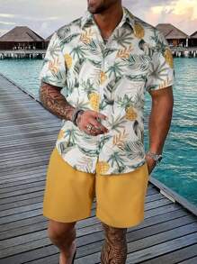 Manfinity KASUA Men's Tropical Plant Print Casual Short Sleeve Shirt And Shorts Set Men Swim Trunks Tropical Vacation Men Clothes Tropical Outfits Men Men Vacation Outfits,Hawaiian
