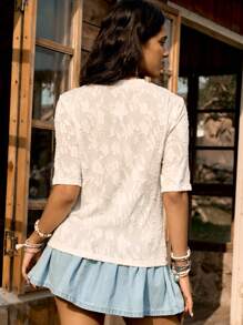 LanaWest Women's Solid Color Cutout Textured T-Shirt, Casual For Vacation - White - View 2