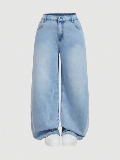 SHEIN MOD MOD Plus Size Solid Color Patch Pocket Casual Versatile Loose Wide Leg Baggy Jeans,Low Rise Baggy Jeans,Y2k Jeans,Christmas Pants