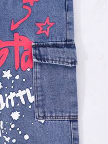 Girls Street Graffiti Wash Straight Leg Mid Waist Blue Denim Jeans - Medium Wash - View 5