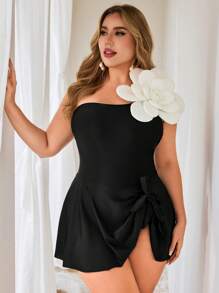 SHEIN Swim Curve Plus Size Women 1pc Black Large White Floral Elegant Fashion One-Shoulder One Piece Swim Dress, Casual Beach Resort Wear - Black and White - View 1