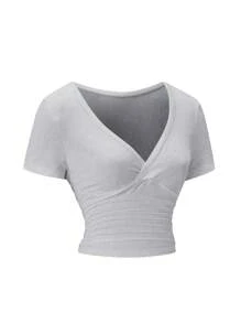 Chiquease 女士纯色交叉 V 领短袖短款修身 T 恤