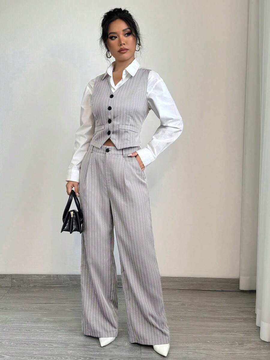 Elenzga Women's Casual Business Striped Waistcoat & Suit Pants - Light Grey - View 1
