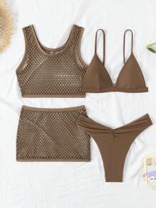 SHEIN Swim 4 יח'\סט סט ביקיני בגד ים שקוף בצבע אחיד לנשים, בגדי חוף - חום - ראה 3