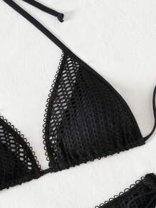 Swim SXY Women's Sexy Mesh Fabric Solid Color Triangle Cup Halter Tie Bow Bikini Swimwear Set, Beach Summer Outfits - Black - View 6