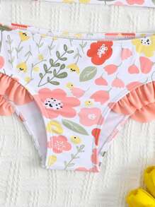 SHEIN Ensemble de bikini pour jeune fille avec imprimé floral en patchwork, volants roses et décoration papillon