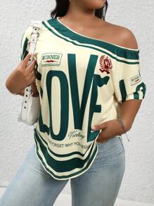 INAWLY 大码女式斜肩字母印花短袖休闲 T 恤 - 彩色 - 查看 4