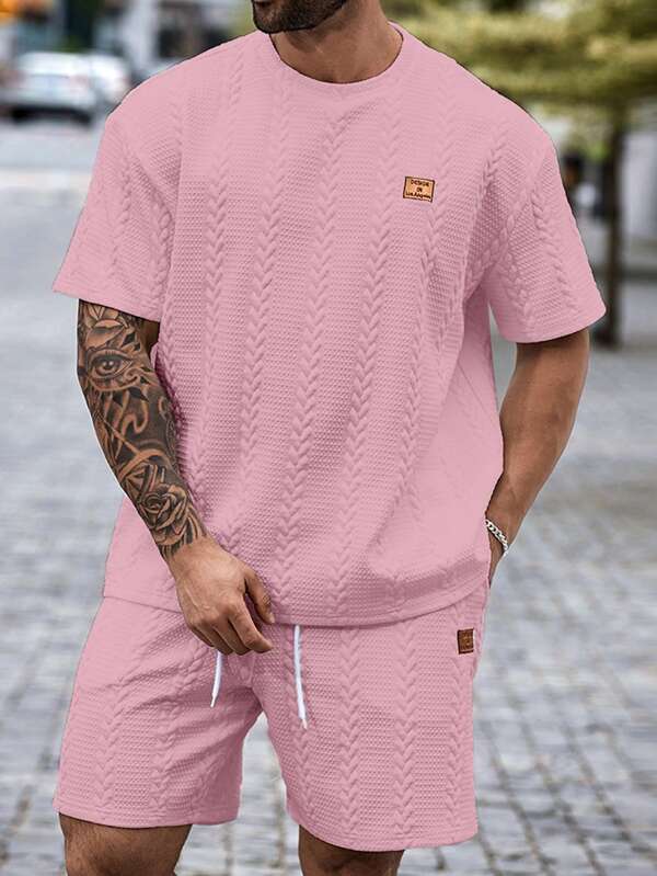 Manfinity Homme Plus Size Heren Casual Effen Kleur Gestructureerd T-shirt en Shorts Set, Zomer