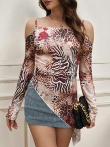 INAWLY 女士休闲老虎和玫瑰印花 T 恤，性感露肩修身背心，适合夏季 - 棕色 - 查看 3