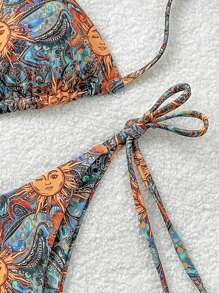 Soleia Summer Outfits For Women,Swim Suits For Women,Vacation Outfits Woman,Beach Outfits For Woman,Boho,Beachwear,Women's Colorful Retro Sun Print V-Neck Halter Neck Beach Bikini Set