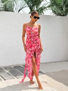 SHEIN Swim 1pc Spring Break Ruffled Floral Print Spaghetti Strap Cut-Out Swimwear Dress, Suitable For Dates And Going Out For Summer Beach Vacation