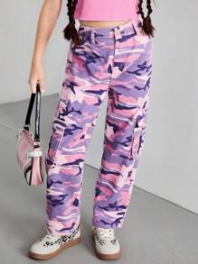 SHEIN Tween Girl Y2K Streetwear Cool Camouflage Print Flat Pockets Elastic Waist Cargo Slim Fit Jeans