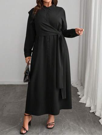 SHEIN Clasi Frauen Große Größen Stehkragen-Bindekragen Dekorativer Langarm Hemdkleid, Lässige Bürobekleidung für Frühling & Herbst, für Weihnachten burgunderrotes maxikleid für Damen