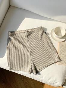 SHEIN Comfortcana Women's Casual Solid Color Ribbed Extra Short Leggings - Apricot - View 3