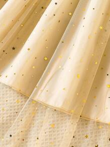 Sparklyn 2 件套青少年女孩休闲宝石装饰圆领短袖 T 恤和优雅透明亮片薄纱裙，适合春夏、假日、夏季、旅行 - 杏色 - 查看 6