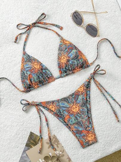 Soleia Summer Outfits For Women,Swim Suits For Women,Vacation Outfits Woman,Beach Outfits For Woman,Boho,Beachwear,Women's Colorful Retro Sun Print V-Neck Halter Neck Beach Bikini Set