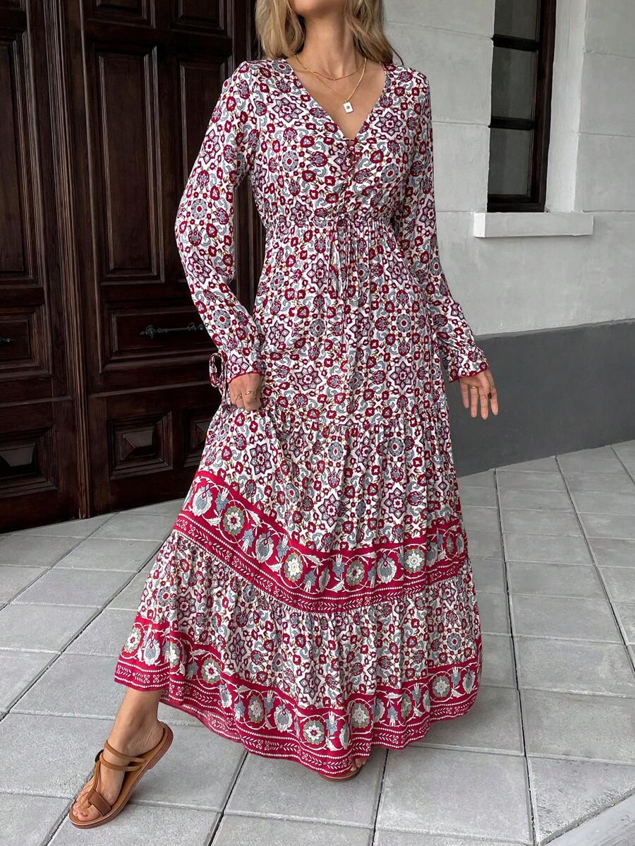 Breezaya Đầm Maxi Tay Ngắn In Hình Chắp Vá Thường Ngày Cho Nữ - Đỏ - Xem 1