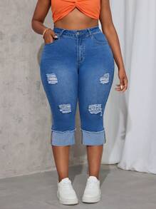 SHEIN SXY Plus Size Women's Elastic Straight Leg Blue Jeans Autumn Outfits For Women Festival Outfits Capri Jeans Plus Jeans For Women Women Autumn Clothes - Blue - View 4