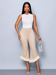 SOLERSUN Summer Women's Clothing, Leisure And Vacation, Daily Style, Apricot Color, Textured Fabric, Asymmetric Hem, Loose Flared Pants, Fringed Hem Decoration, Knitted Trousers